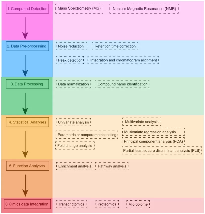 Typical metabolomics workflow from compound detection and preprocessing to database-assisted annotation statistical and pathway analysis and multi-omics integration