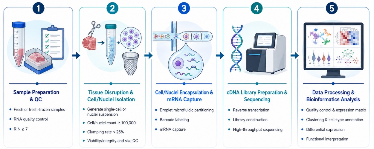 Single-cell RNA sequencing workflow from sample preparation to bioinformatics analysis