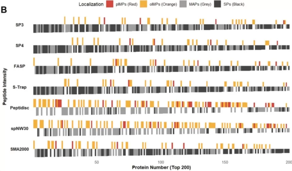 membrane protein representation across sample preparation workflows classified by membrane association type
